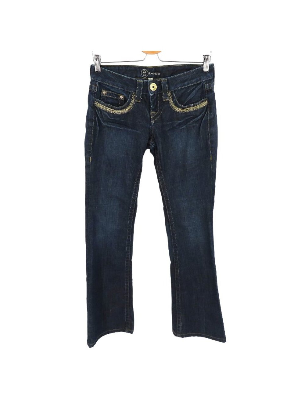 Bebe Womens 27 Gold Silver Thread Embroidered Dark Blue Denim Jeans Flare Y2K